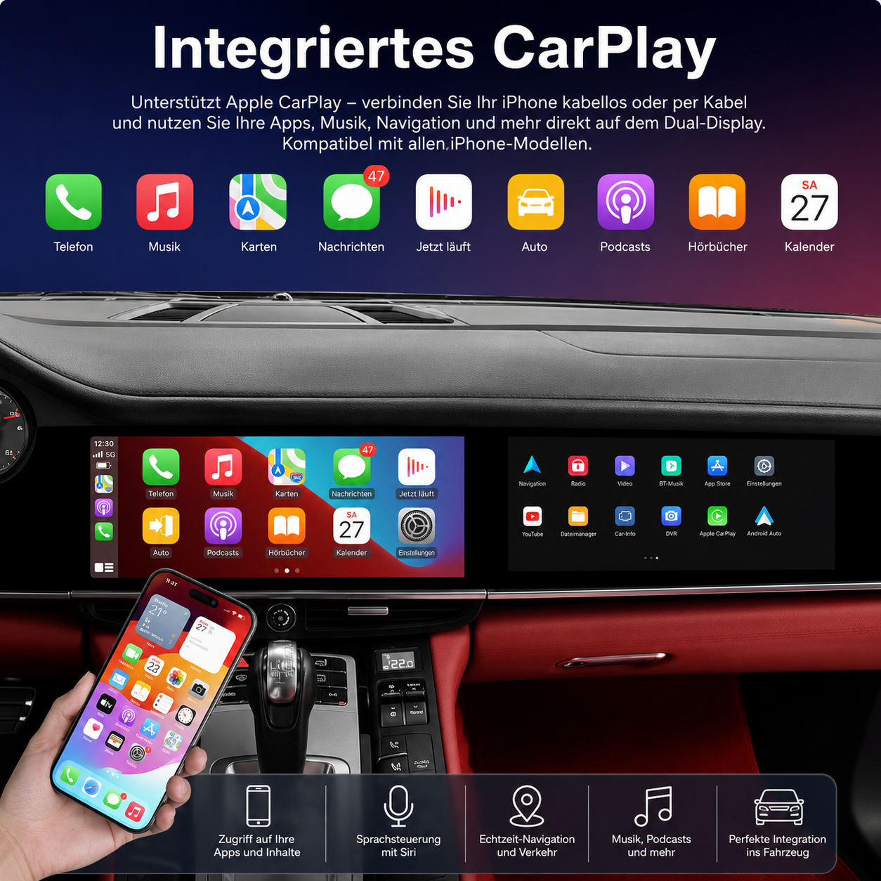 Android 13 Dual-Widescreen Display Nachrüstung – 12,3" Full HD CarPlay Android Auto Navigation Multimedia System 8GB RAM 128GB ROM passend für Porsche Panamera Cayenne Macan inkl. Profi-Einbau