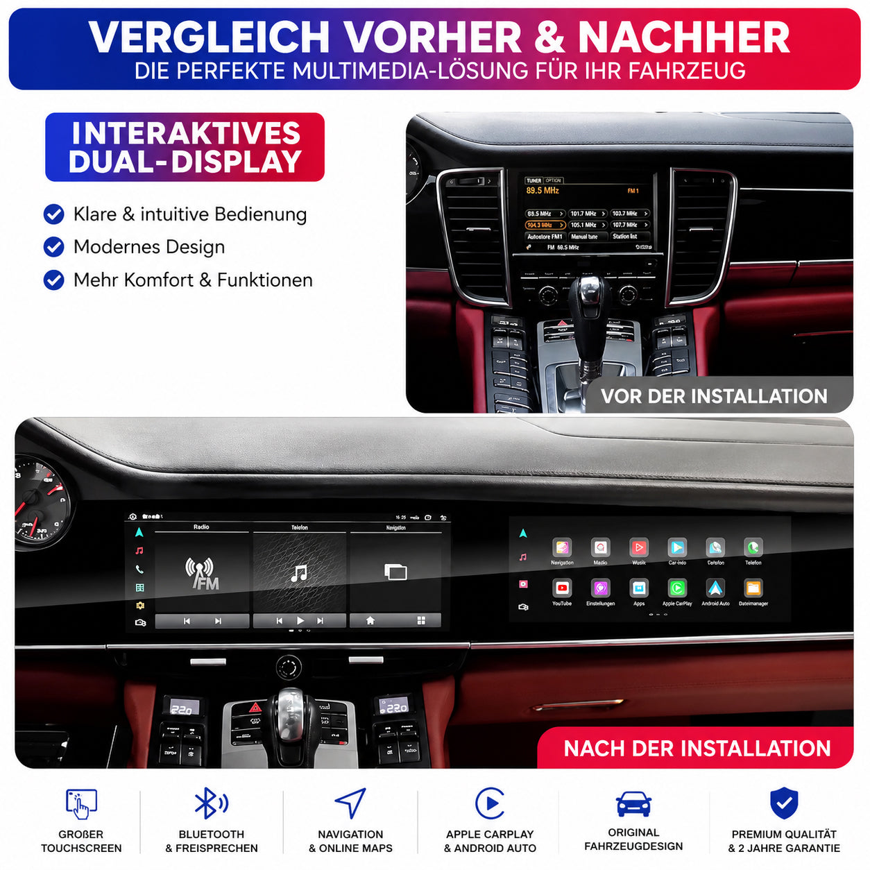 Android 13 Dual-Widescreen Display Nachrüstung – 12,3" Full HD CarPlay Android Auto Navigation Multimedia System 8GB RAM 128GB ROM passend für Porsche Panamera Cayenne Macan inkl. Profi-Einbau