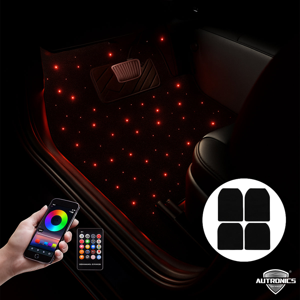 LED Sternenhimmel Fußmatten Umbau Service – RGB Auto Fußraumbeleuchtung 64 Farben App & Fernbedienung Universal Fahrzeug Starfloor Nachrüstung