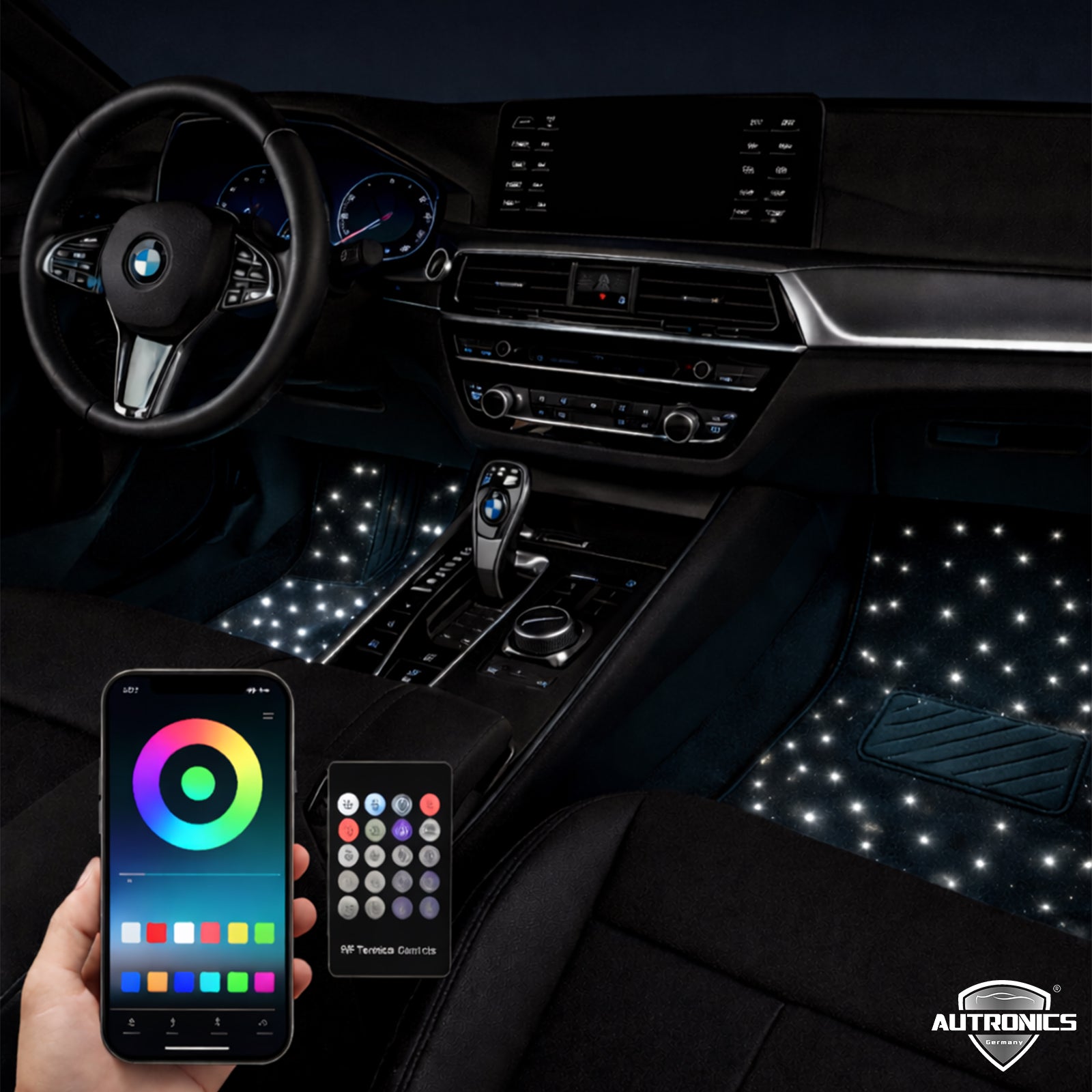 LED Auto Fußmatten mit Sternenhimmel-Effekt Universelle RGB LED Fußraumbeleuchtung für alle Fahrzeuge 64 Farben App- & Fernbedienung Starfloor by Autronics