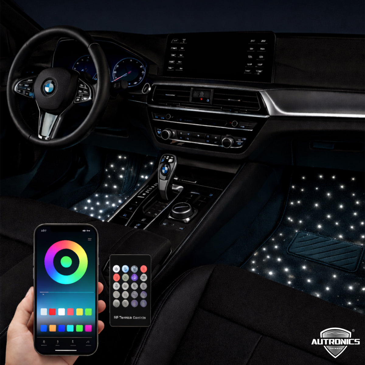 LED Sternenhimmel Fußmatten Umbau Service – RGB Auto Fußraumbeleuchtung 64 Farben App & Fernbedienung Universal Fahrzeug Starfloor Nachrüstung
